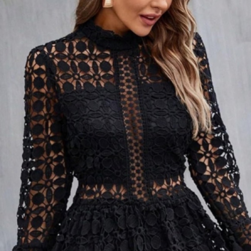 NWOT Eilly Bazar Black hollow out Lace  long sleeve Mock neck Dress size M & L - Picture 4 of 14